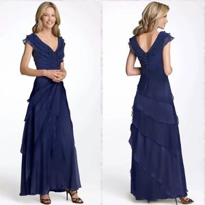 Tadashi shoji dress KN75491LXP navy blue layered ruffle tiered silk maxi gown 20